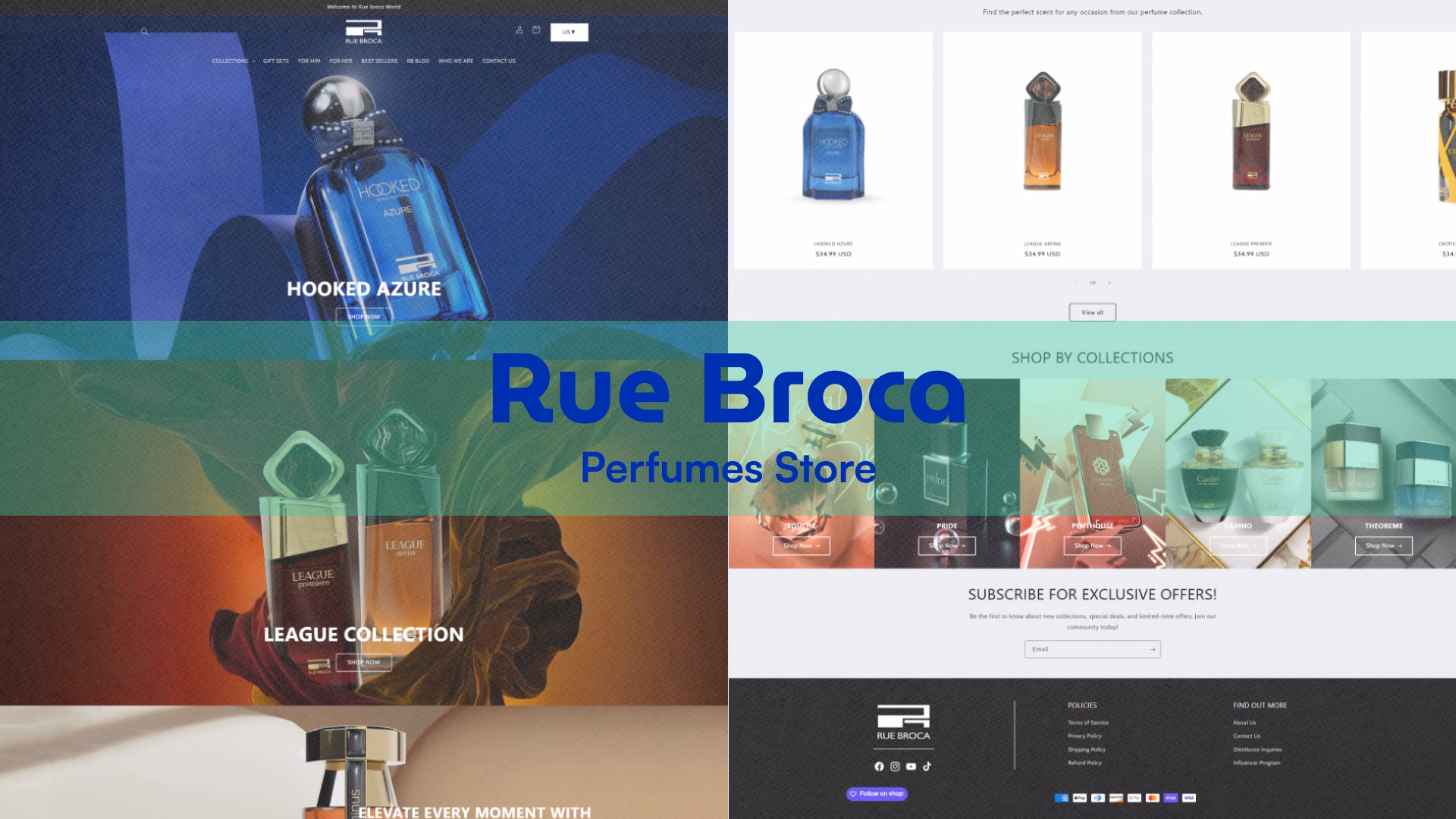 Rue Broca Perfumes USA homepage showing featured collections like Hooked, League, Penthouse